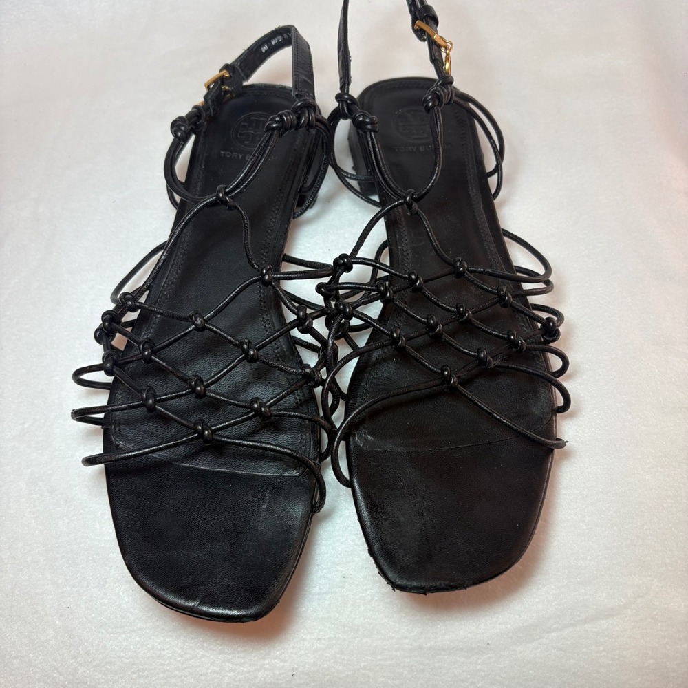 Tory Burch Barely There Knotted Sandals Gold Logo Charm Size 9